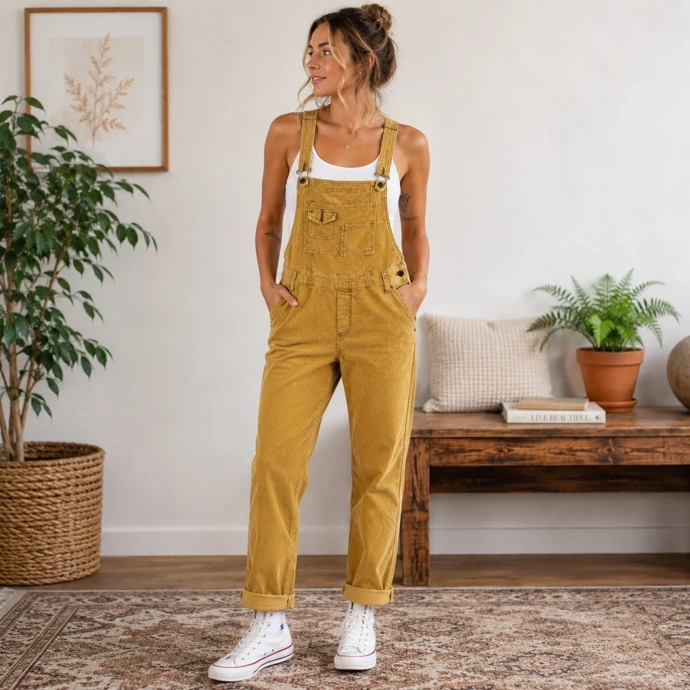 Free People Corduroy Overalls Womens 29 Straight Leg Distressed Mustard Yellow